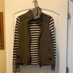 Talbots Brown Vest with Black and White Striped Long Sleeve